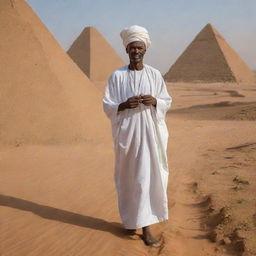 A detailed depiction of an ancient Sudanese man in traditional attire of the time, performing a daily task. The backdrop could be the banks of the Nile, ancient Nubian pyramids or vibrant markets, reflecting the rich historical heritage of Sudan.