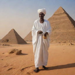 A detailed depiction of an ancient Sudanese man in traditional attire of the time, performing a daily task. The backdrop could be the banks of the Nile, ancient Nubian pyramids or vibrant markets, reflecting the rich historical heritage of Sudan.