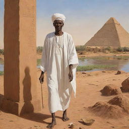 A detailed depiction of an ancient Sudanese man in traditional attire of the time, performing a daily task. The backdrop could be the banks of the Nile, ancient Nubian pyramids or vibrant markets, reflecting the rich historical heritage of Sudan.