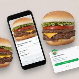 Create a depiction of the Uber Eats and WhatsApp interfaces showcasing a subscription option with a pop-up notification featuring a 15% discount on seasonal burgers.