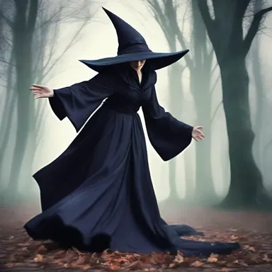 The evil witch moved with an ungraceful manner as she stumbled and tripped over her own robes.