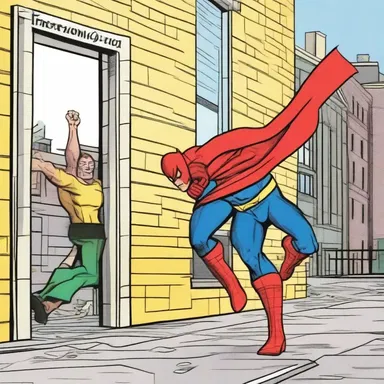 The ungraceful superhero crashed into the building, causing it to crumble in the comic strip.