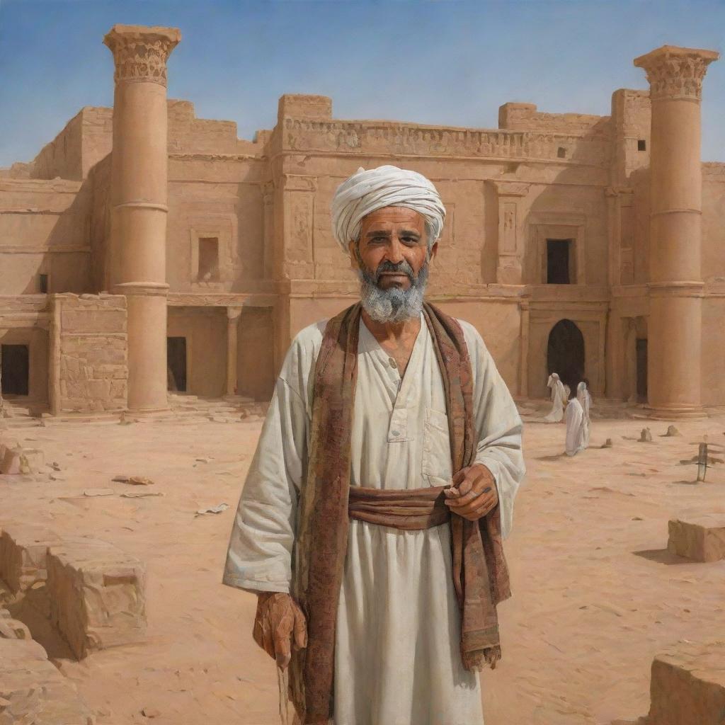 An artfully detailed depiction of an ancient Libyan man, donned in historical attire, amidst activities of his daily life. Include a backdrop of the Sahara desert or ruins like the ancient city of Leptis Magna, to represent Libya's rich history.