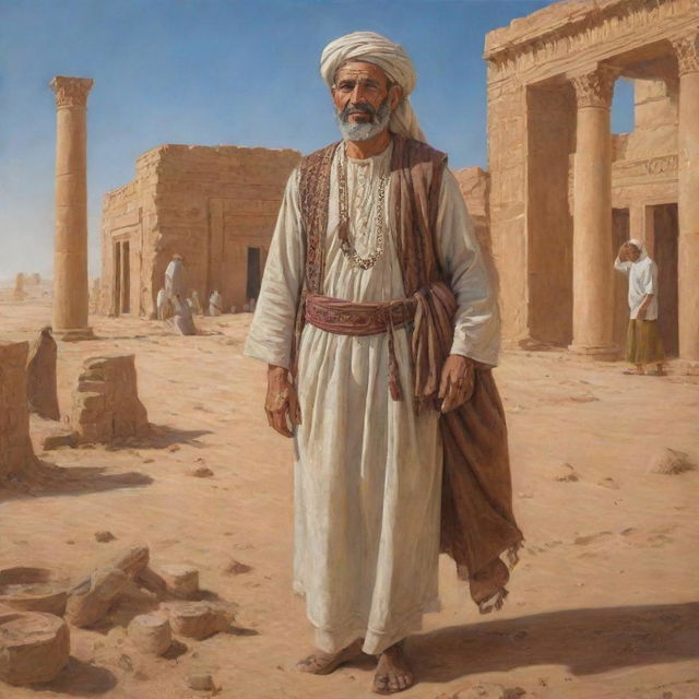 An artfully detailed depiction of an ancient Libyan man, donned in historical attire, amidst activities of his daily life. Include a backdrop of the Sahara desert or ruins like the ancient city of Leptis Magna, to represent Libya's rich history.