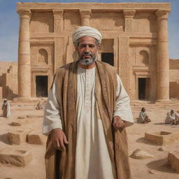 An artfully detailed depiction of an ancient Libyan man, donned in historical attire, amidst activities of his daily life. Include a backdrop of the Sahara desert or ruins like the ancient city of Leptis Magna, to represent Libya's rich history.