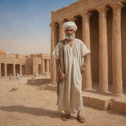 An artfully detailed depiction of an ancient Libyan man, donned in historical attire, amidst activities of his daily life. Include a backdrop of the Sahara desert or ruins like the ancient city of Leptis Magna, to represent Libya's rich history.