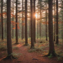 A serene sunset peeping through the tall trees of a dense forest, highlighting the beautiful creatures on the forest floor below. Bright oranges and reds illuminating the scene with soft shadows giving depth to the view.