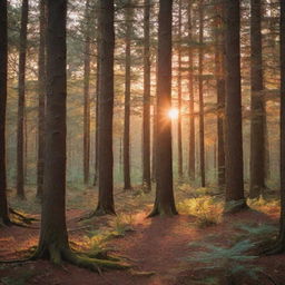 A serene sunset peeping through the tall trees of a dense forest, highlighting the beautiful creatures on the forest floor below. Bright oranges and reds illuminating the scene with soft shadows giving depth to the view.