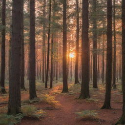 A serene sunset peeping through the tall trees of a dense forest, highlighting the beautiful creatures on the forest floor below. Bright oranges and reds illuminating the scene with soft shadows giving depth to the view.