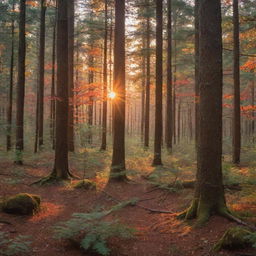 A serene sunset peeping through the tall trees of a dense forest, highlighting the beautiful creatures on the forest floor below. Bright oranges and reds illuminating the scene with soft shadows giving depth to the view.