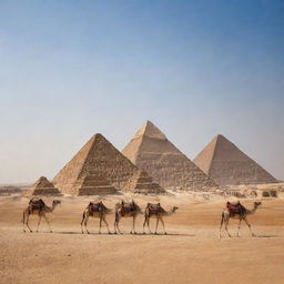 A breathtaking view of the classic Egyptian pyramids under the intense desert sun. Camels and travelers provide a sense of scale against the majestic, timeless structures that rise against the perfect blue sky.