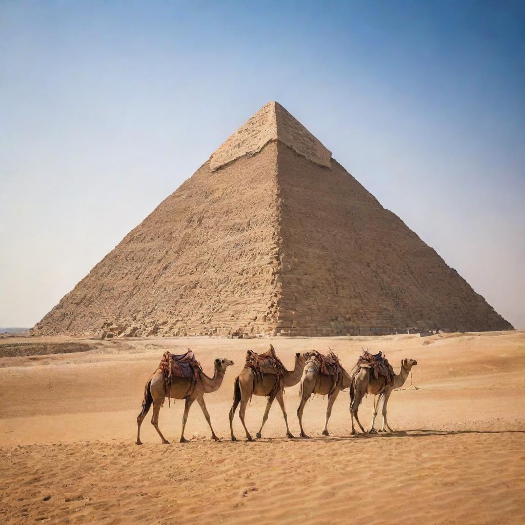 A breathtaking view of the classic Egyptian pyramids under the intense desert sun. Camels and travelers provide a sense of scale against the majestic, timeless structures that rise against the perfect blue sky.