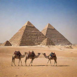 A breathtaking view of the classic Egyptian pyramids under the intense desert sun. Camels and travelers provide a sense of scale against the majestic, timeless structures that rise against the perfect blue sky.