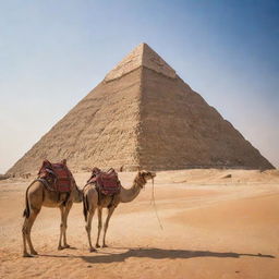 A breathtaking view of the classic Egyptian pyramids under the intense desert sun. Camels and travelers provide a sense of scale against the majestic, timeless structures that rise against the perfect blue sky.