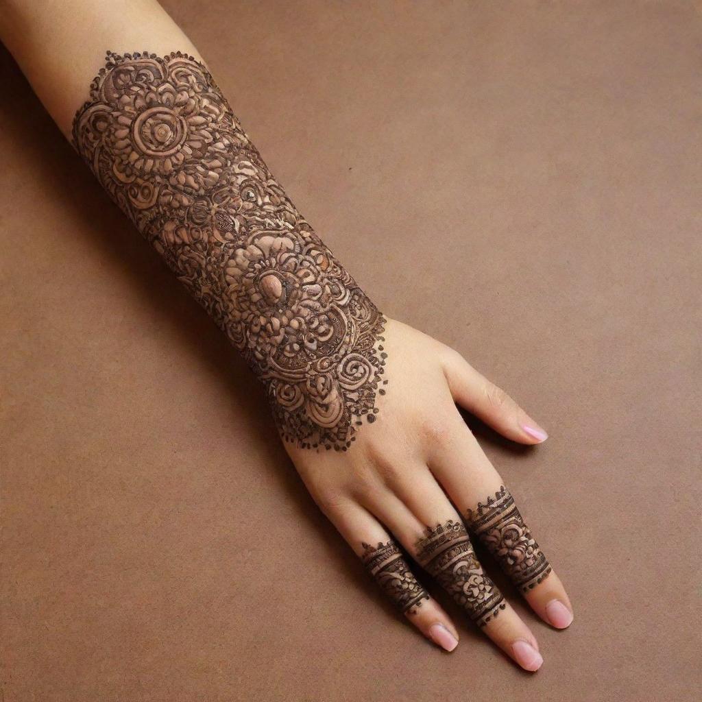 Create a beautiful and realistic image of a simple arm adorned with intricate Mehandi designs, set against a visually appealing background