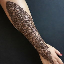 Create a beautiful and realistic image of a simple arm adorned with intricate Mehandi designs, set against a visually appealing background