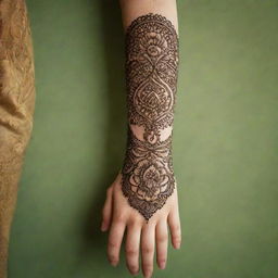 Create a beautiful and realistic image of a simple arm adorned with intricate Mehandi designs, set against a visually appealing background