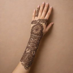 Create a beautiful and realistic image of a simple arm adorned with intricate Mehandi designs, set against a visually appealing background