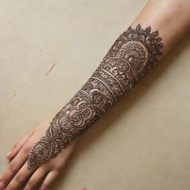 A detailed and beautiful simple arm mehndi design, demonstrated on a fair complexioned arm, against a  vibrant, aesthetically pleasing background