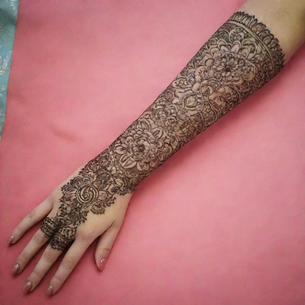A detailed and beautiful simple arm mehndi design, demonstrated on a fair complexioned arm, against a  vibrant, aesthetically pleasing background