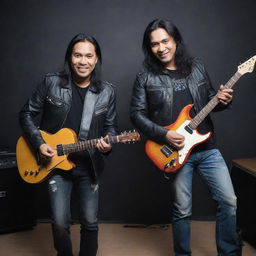 An attractive Indonesian man, accompanying Aziz MS, a guitarist from Jamrud, as he plays the guitar. They're smiling, with the man wearing a black leather jacket, ripped jeans, posing in a rocker style. The background is a Dream Theater Band music studio.