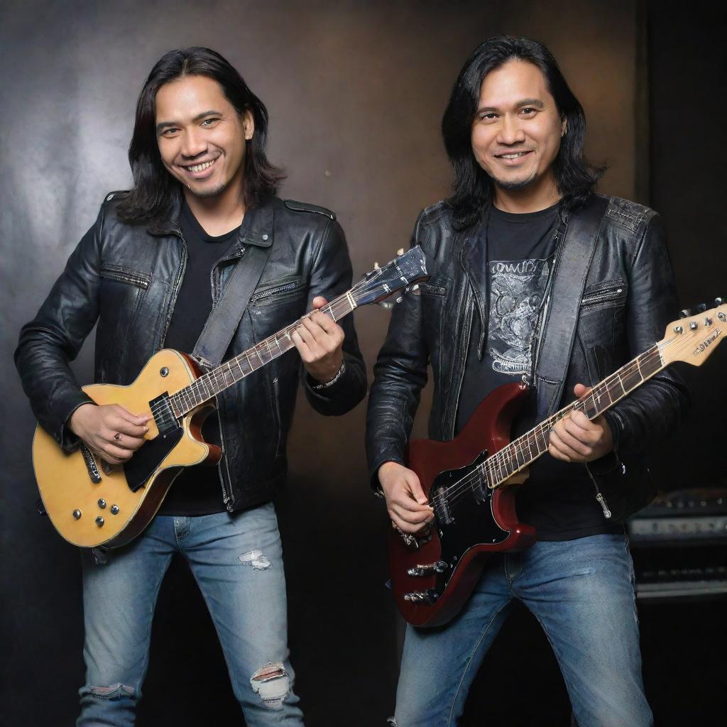 An attractive Indonesian man, accompanying Aziz MS, a guitarist from Jamrud, as he plays the guitar. They're smiling, with the man wearing a black leather jacket, ripped jeans, posing in a rocker style. The background is a Dream Theater Band music studio.