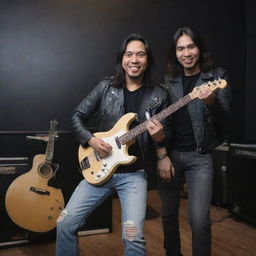 An attractive Indonesian man, accompanying Aziz MS, a guitarist from Jamrud, as he plays the guitar. They're smiling, with the man wearing a black leather jacket, ripped jeans, posing in a rocker style. The background is a Dream Theater Band music studio.