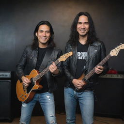 An attractive Indonesian man, accompanying Aziz MS, a guitarist from Jamrud, as he plays the guitar. They're smiling, with the man wearing a black leather jacket, ripped jeans, posing in a rocker style. The background is a Dream Theater Band music studio.