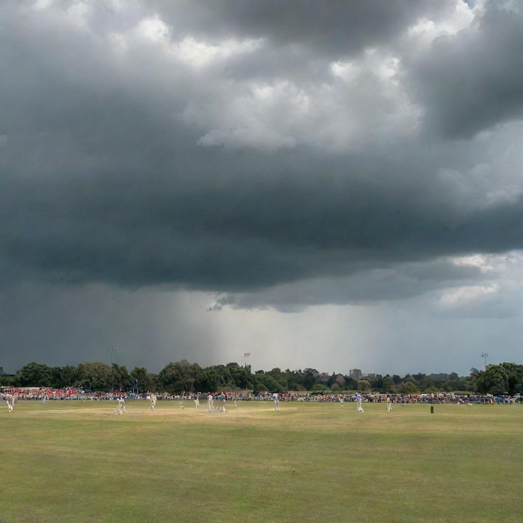 Cricket tournament in full swing, with cheering spectators, under a sky with scattered clouds, dramatic light illuminating players mid-action on the green field.