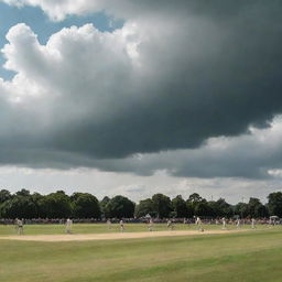 Cricket tournament in full swing, with cheering spectators, under a sky with scattered clouds, dramatic light illuminating players mid-action on the green field.