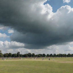 Cricket tournament in full swing, with cheering spectators, under a sky with scattered clouds, dramatic light illuminating players mid-action on the green field.