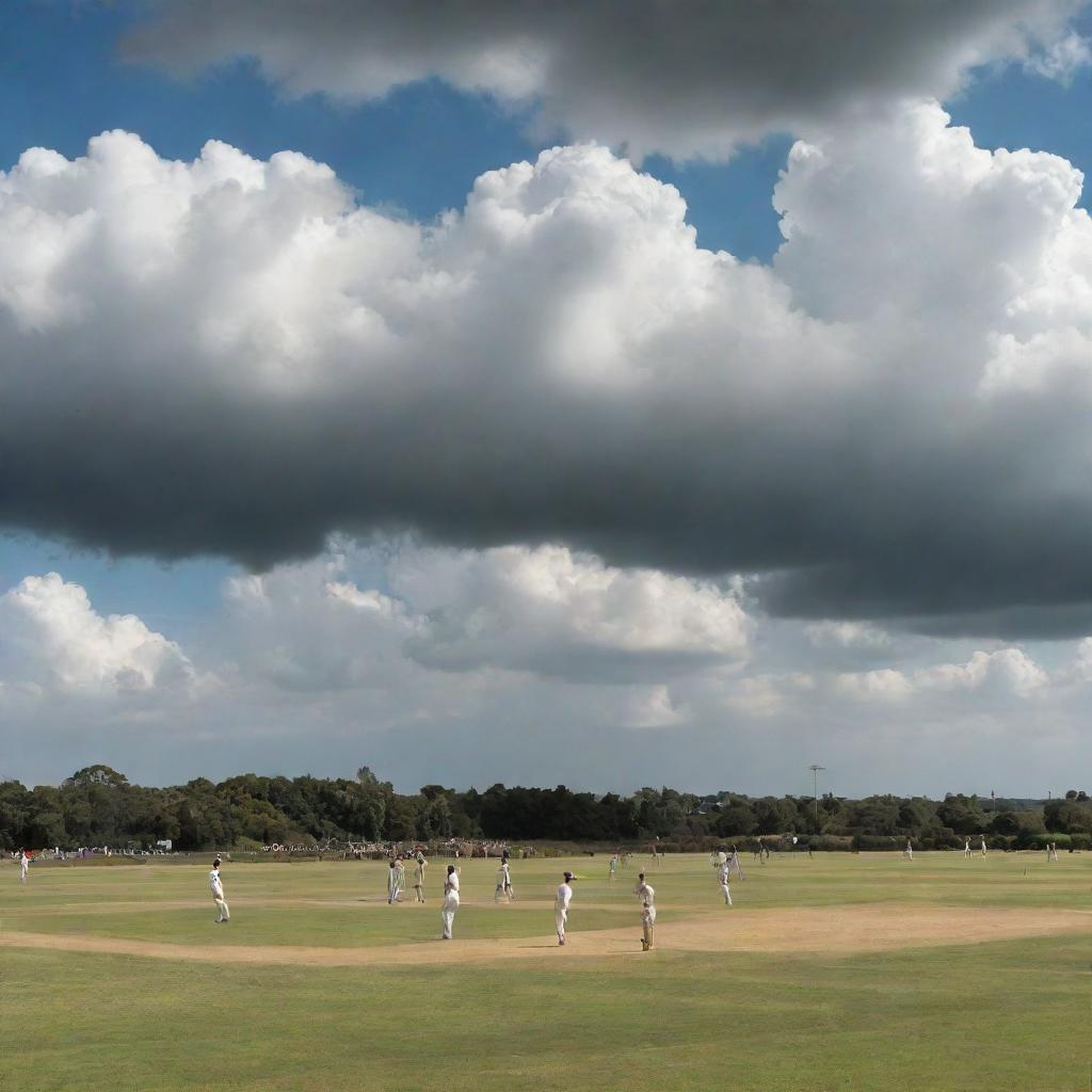 Cricket tournament in full swing, with cheering spectators, under a sky with scattered clouds, dramatic light illuminating players mid-action on the green field.