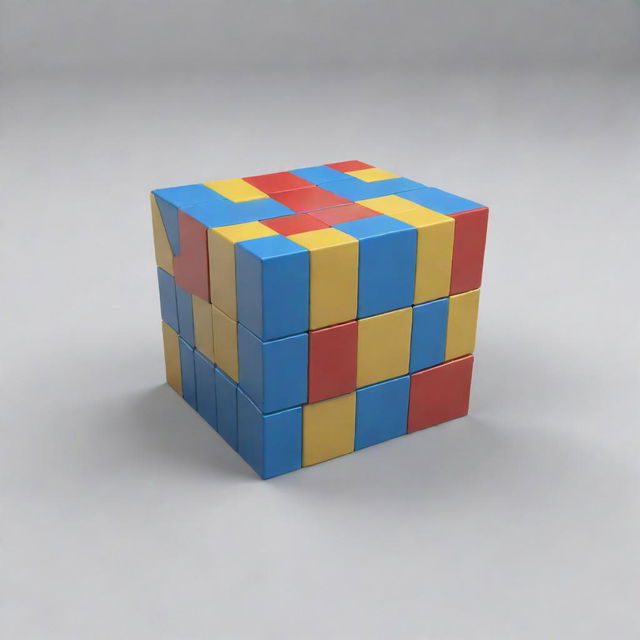 Generate a 3D video of a cuboid separated into individual parts, showcasing each component distinctly.