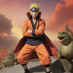 Naruto Uzumaki in Sage Mode, posing heroic with vibrant attire and toads on his shoulders, against a dramatic backdrop with warm hues