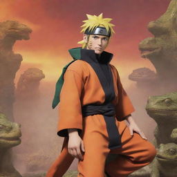 Naruto Uzumaki in Sage Mode, posing heroic with vibrant attire and toads on his shoulders, against a dramatic backdrop with warm hues