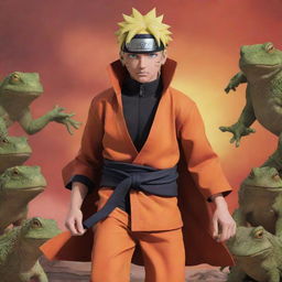 Naruto Uzumaki in Sage Mode, posing heroic with vibrant attire and toads on his shoulders, against a dramatic backdrop with warm hues