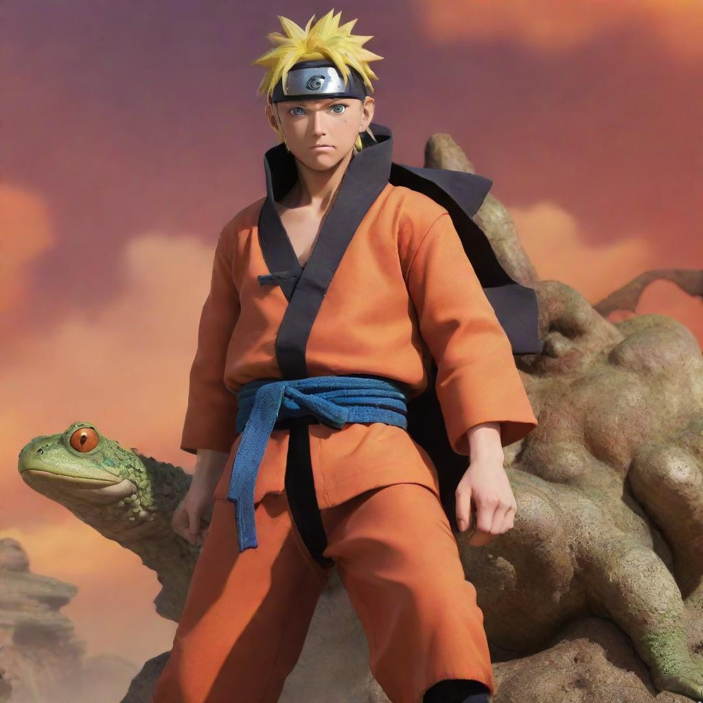 Naruto Uzumaki in Sage Mode, posing heroic with vibrant attire and toads on his shoulders, against a dramatic backdrop with warm hues