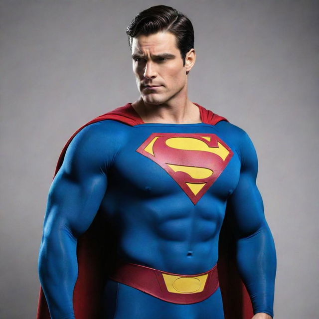 A fusion of Mememan and Superman: A robust character with Superman's physique and prowess combined with Mememan's iconic, quirky style, exhibiting both seriousness and humor.