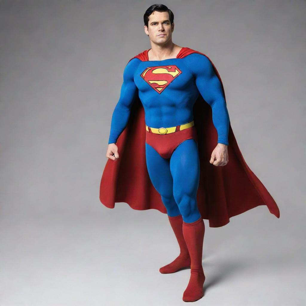 A fusion of Mememan and Superman: A robust character with Superman's physique and prowess combined with Mememan's iconic, quirky style, exhibiting both seriousness and humor.