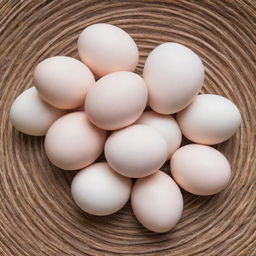 A close up view of a dozen fresh, white eggs placed delicately on a natural brown straw mat.