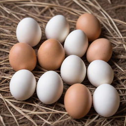 A close up view of a dozen fresh, white eggs placed delicately on a natural brown straw mat.