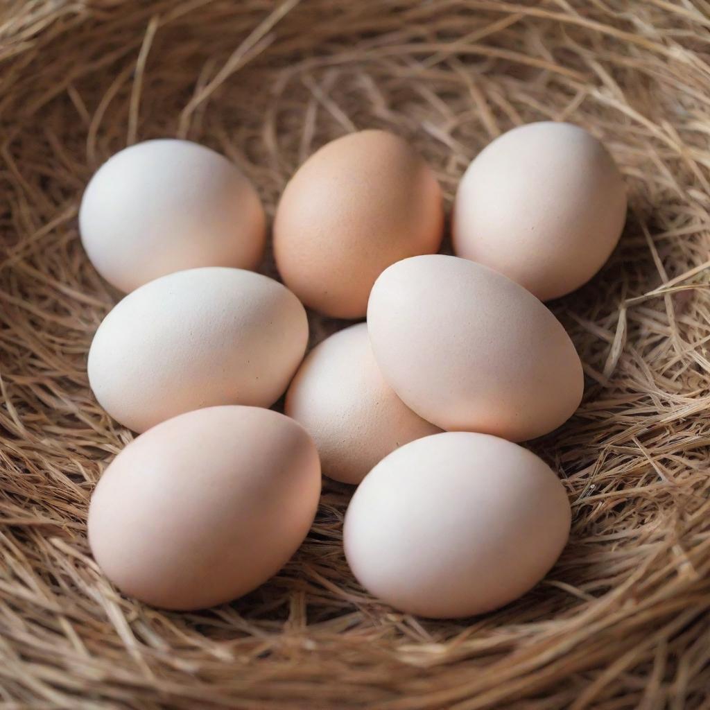 A close up view of a dozen fresh, white eggs placed delicately on a natural brown straw mat.