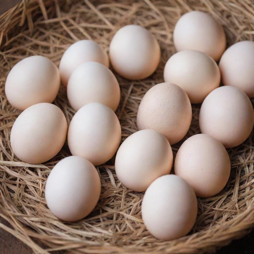 A close up view of a dozen fresh, white eggs placed delicately on a natural brown straw mat.