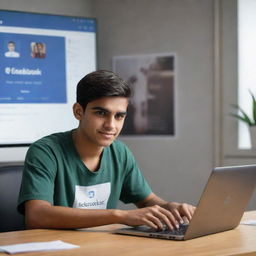 A hyperrealistic 3D image of an 18-year-old boy sitting casually on an HP laptop, navigating a Facebook profile with 5,000 followers. The username displayed is 'Akmal Bashir'. Background shows a social media profile with an interface of video editing tools.