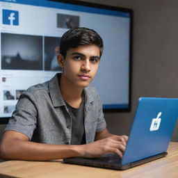 A hyperrealistic 3D image of an 18-year-old boy sitting casually on an HP laptop, navigating a Facebook profile with 5,000 followers. The username displayed is 'Akmal Bashir'. Background shows a social media profile with an interface of video editing tools.