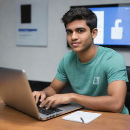 A hyperrealistic 3D image of an 18-year-old boy sitting casually on an HP laptop, navigating a Facebook profile with 5,000 followers. The username displayed is 'Akmal Bashir'. Background shows a social media profile with an interface of video editing tools.