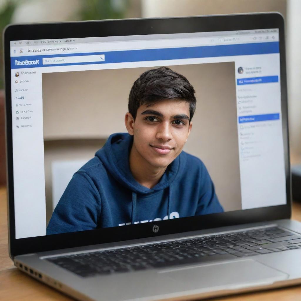 A hyperrealistic 3D image of an 18-year-old boy sitting casually on an HP laptop, navigating a Facebook profile with 5,000 followers. The username displayed is 'Akmal Bashir'. Background shows a social media profile with an interface of video editing tools.