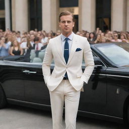 A successful 26-year-old businessman stepping out of his Rolls Royce in front of a large mall, admired by a gathered crowd of people, with many women captivated by his sculpted physique