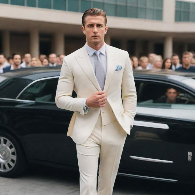 A successful 26-year-old businessman stepping out of his Rolls Royce in front of a large mall, admired by a gathered crowd of people, with many women captivated by his sculpted physique