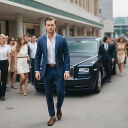 A successful 26-year-old businessman stepping out of his Rolls Royce in front of a large mall, admired by a gathered crowd of people, with many women captivated by his sculpted physique